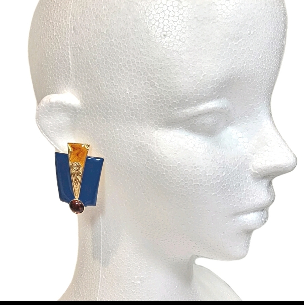 Moulin Rouge Art Deco Navy Blue Enamel Gold Tone Pierced Stud Vintage Earrings - Picture 6 of 10